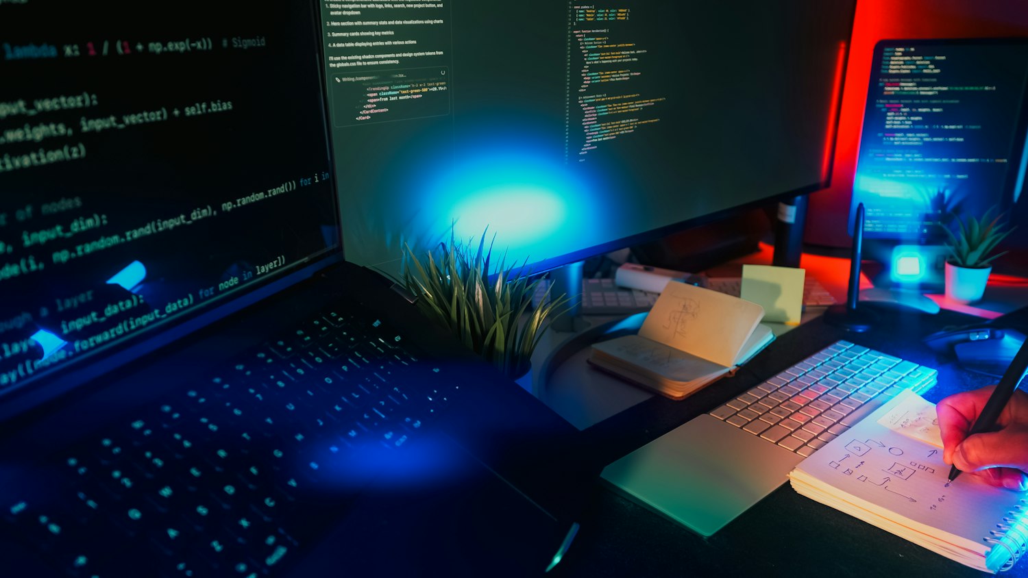 Arbeitsplatz mit mehreren Bildschirmen, Code und Skizzen